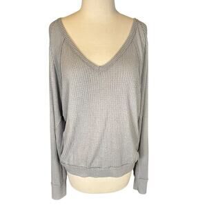 We The Free Free People Gray Waffle Knit V-Neck Dolman Sleeve Top Medium